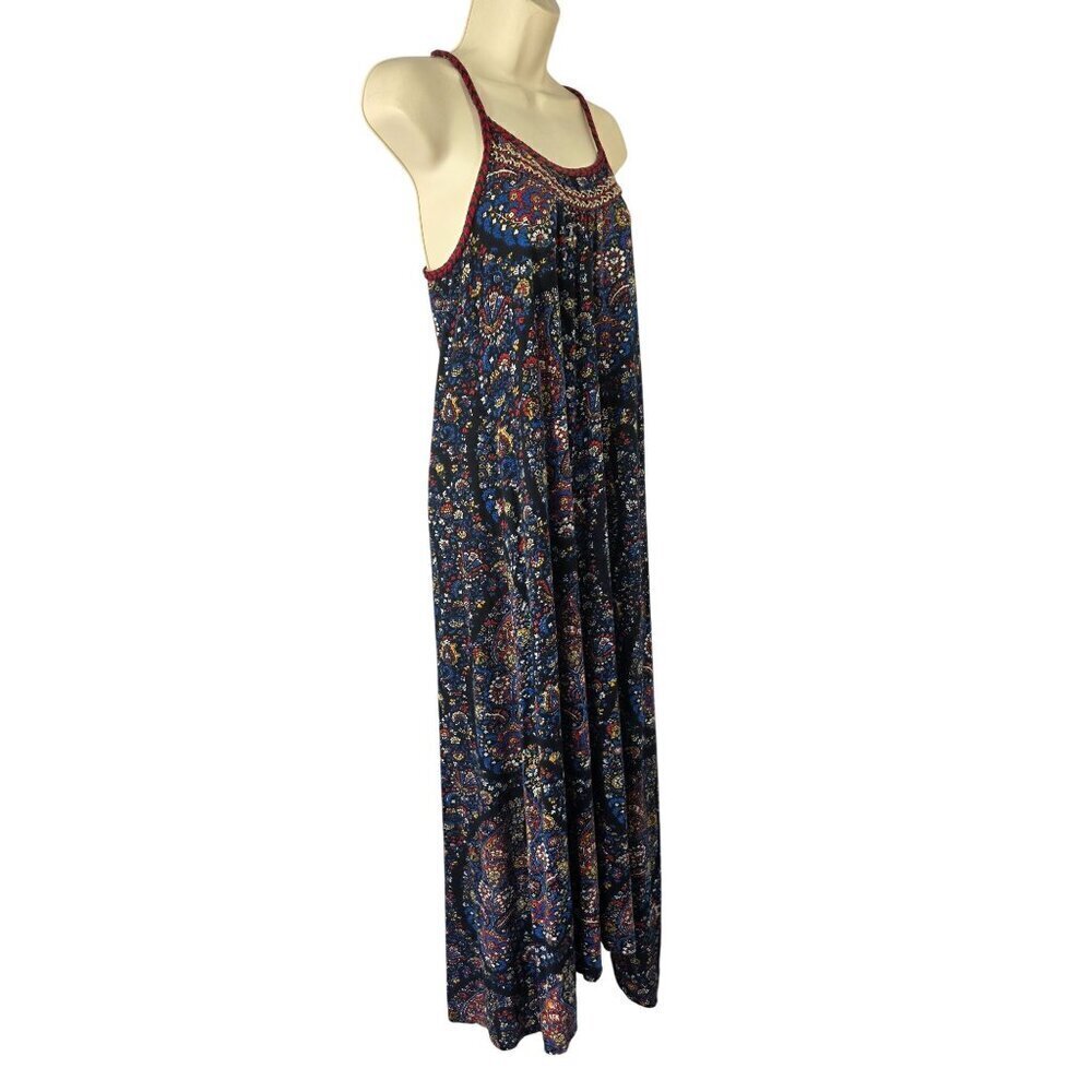 Lucky Brand Boho Ethnic Maxi Dress Sz XS Foral Paisley on Navy Beaded Neck